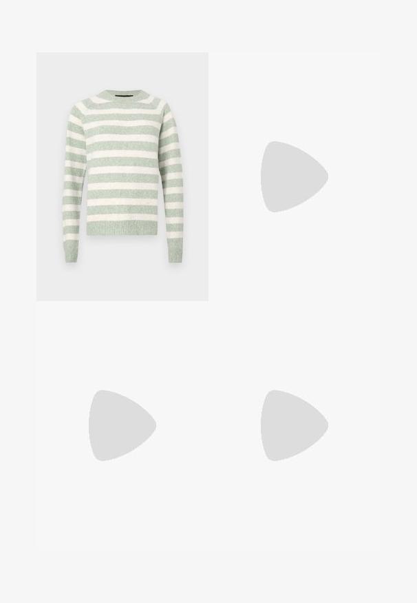 Pull rayé en vert doux et blanc. Tissu tricoté avec un col rond et des poignets côtelés. Coupe décontractée. Rayures horizontales régulièrement espacées.; Chemise blanche à manches longues avec boutons, col pointu, ourlet droit et silhouette ajustée, présentée sur un fond clair uni.; Jupe à volants à carreaux noir et blanc avec taille smockée. Avec des couches froncées et une texture douce en coton.; Jambes portant des leggings côtelés foncés associés à des ballerines noires avec de petits détails en nœud sur fond blanc.