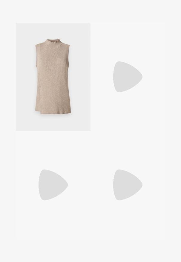 Haut sans manches beige avec un col montant côtelé, présentant un motif tricoté texturé et un ourlet asymétrique, idéal pour les superpositions.; Jupe A-line en suède marron avec une texture lisse, dotée de deux poches avant et d'une taille sans couture, conçue pour une longueur au-dessus du genou.; Bottes en cuir noir montantes jusqu'au genou, avec une pointe effilée, un talon bas, et des détails de couture décoratifs sur les côtés. Fini lisse et brillant.; Sac à main en cuir noir avec une texture lisse. Dispose d'une bandoulière adjustable et d'un design élégant et minimaliste avec une fermeture éclair.