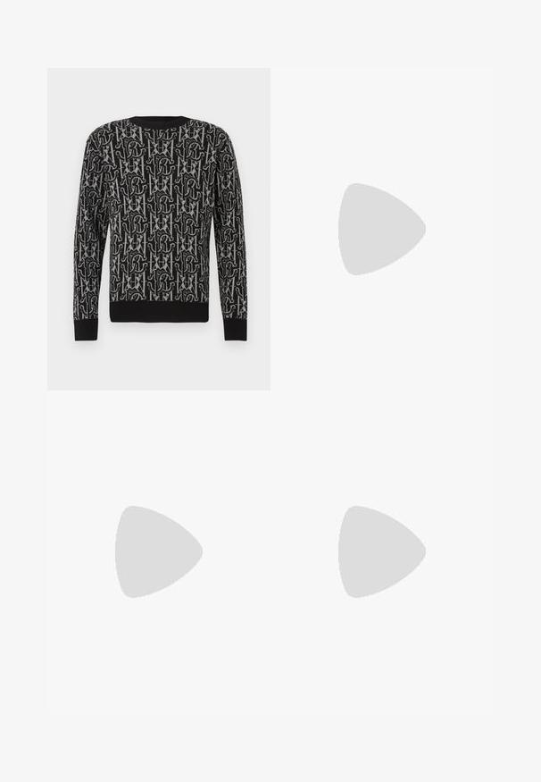 Pull en maille noire avec un motif répétitif gris composé de lettres et de formes, doté d'un col rond et de poignets et ourlet côtelés.; NN.07 KAY - Pantalon classique - off white; Mocassin en cuir noir flottant au-dessus d'un tapis beige avec des meubles arrondis marron en arrière-plan.; Mallette en cuir noir texturé avec double poignée, bandoulière amovible et fermeture éclair supérieure sur un fond clair uni.