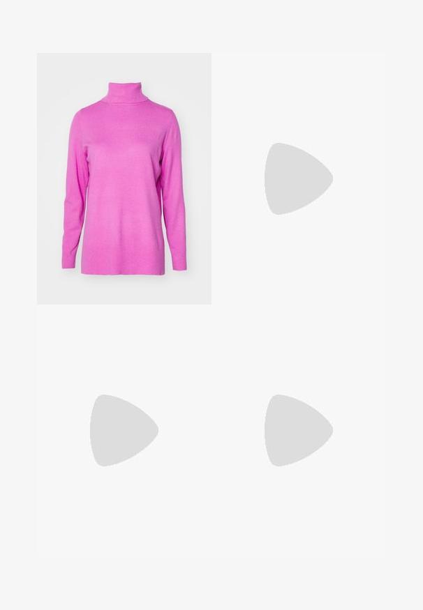 ONLY ONLIBI LONG SLIT ROLLNECK - Pullover - super pink; Jean bleu clair taille large avec fermeture bouton et fermeture éclair, poches avant et passants de ceinture sur un fond uni.; Baskets basses avec dessus argenté brillant, trois bandes beige, lacets blancs et semelle en caoutchouc beige, vues de côté sur fond blanc.; Petit sac à main noir brillant avec deux longues anses et des détails à cordon sur les côtés sur un fond clair uni.
