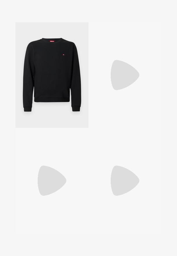 Sort sweatshirt lavet af blødt stof med rund hals og lange ærmer. Lille rødt logo nær brystet. Ribstrikkede manchetter og kant.; Grå bomulds-T-shirt med fed sort tekst, der lyder "PROPERTY OF D.I.E.S.E.L.", med en glat tekstur og korte ærmer.; Blå denimjeans med lige ben, der har et klassisk design med fem lommer, lyse slidte partier og knaplukning i taljen.; Sorte syntetiske sneakers med en struktureret sort sål, rund tå og flade sorte snørebånd. Fremtrædende hvidt logo på ydersiden.