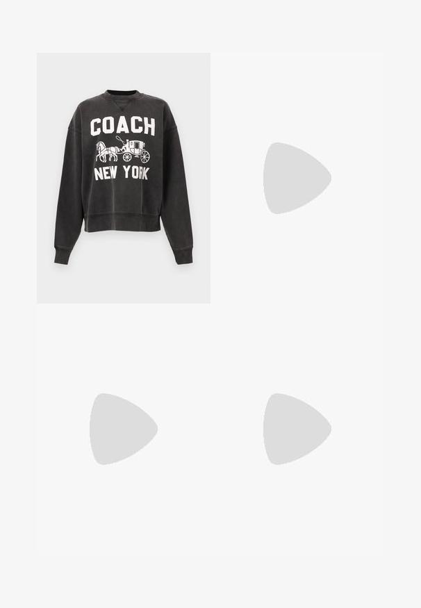 Μαύρο μακρυμάνικο φούτερ με λευκό κείμενο "COACH NEW YORK" και μια γραφική παράσταση άμαξας που έλκεται από άλογο στο κέντρο μπροστά.; Μαύρα τζιν παντελόνια φαρδιάς γραμμής από ντένιμ με πέντε τσέπες, κλείσιμο μπροστά με κουμπί και διακριτές ραφές.; Μαύρη πατεντέ δερμάτινη γόβα με ψηλό τακούνι και αιχμηρή μύτη, με λεπτό στιλέτο τακούνι και ένα μικρό χρυσό διακοσμητικό λογότυπο κοντά στον τακούνι.; Μαύρη τσάντα χειρός από σατέν με καμπύλο σχήμα, διαθέτει φερμουάρ κλεισίματος και τριγωνικό μεταλλικό λογότυπο μπροστά. Λείο υφάνισμα και κομψός σχεδιασμός.