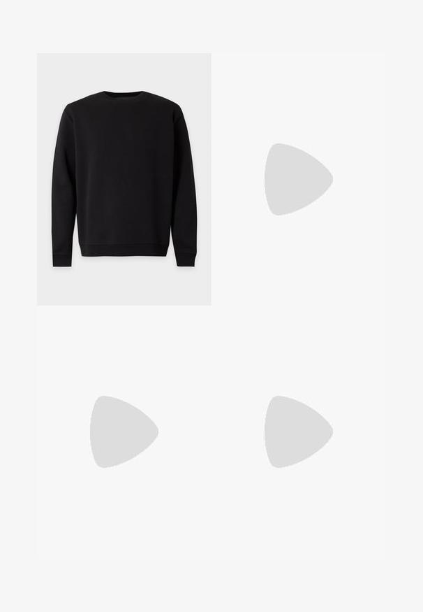 Sweat-shirt noir à manches longues avec col rond, poignets et ourlet côtelés, présenté sur fond blanc.; T-shirt noir à manches courtes avec logo blanc EA7 Emporio Armani imprimé sur la poitrine, col rond et coupe régulière.; Legging noir slim avec ceinture élastique, présenté à plat sur un fond blanc.; Chaussure de sport en cuir noir avec une finition lisse, bout arrondi, panneau latéral texturé et lacets noirs. Présente une semelle en caoutchouc plate et un design minimaliste.