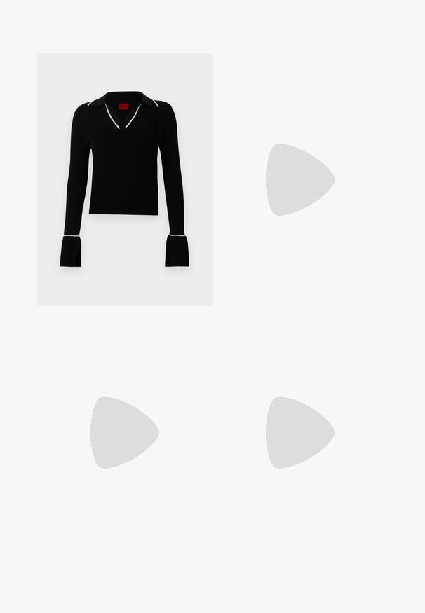 Haut noir côtelé à manches longues avec col en V et bordure de col blanche. Doté de manches évasées aux poignets et d'une coupe ajustée. Étiquette de marque rouge à l'intérieur.; Pantalon gris sur mesure avec une coupe large, un devant plissé et une texture lisse. Le tissu semble léger et tissé avec des motifs subtils.; Botte de cheville en cuir noir avec un bout pointu, un talon carré et une sangle avec un détail de logo métallique. Texture lisse et design minimaliste.; Sac à main rectangulaire noir avec doubles poignées arrondies, fermeture éclair dorée et logo "HUGO" embossé sur le devant avec une étiquette en cuir attachée.