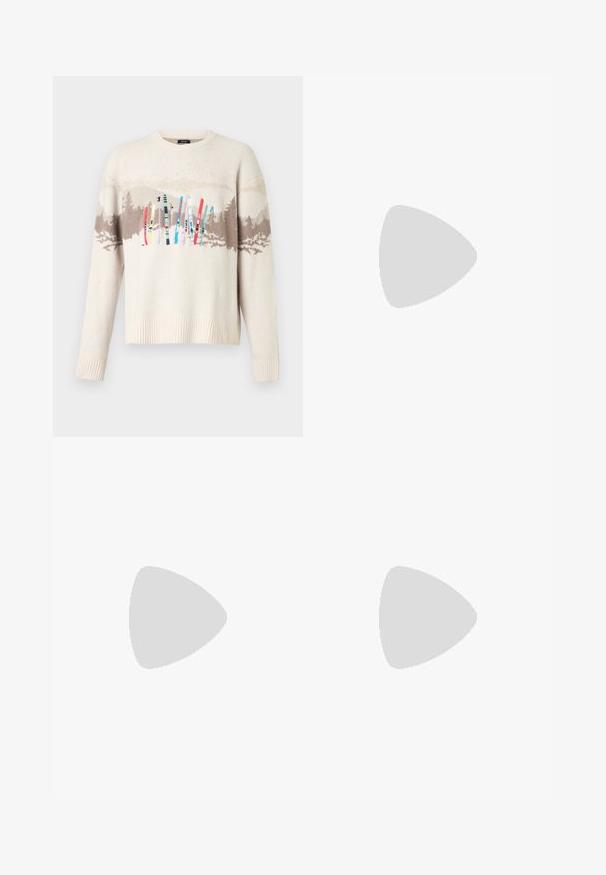 Pull en tricot crème avec motif de montagnes et forêt marron et skis brodés colorés sur la poitrine.; Chemise beige à manches longues, boutonnée, avec un col classique et des boutons marron, présentée sur un fond clair uni.; Jean en denim bleu à jambe droite avec bouton frontal, fermeture éclair, passants de ceinture et conception à cinq poches.; Mocassins en cuir marron avec une semelle en caoutchouc texturée et striée. Présente un design épuré et une sangle décorative sur le cou-de-pied.