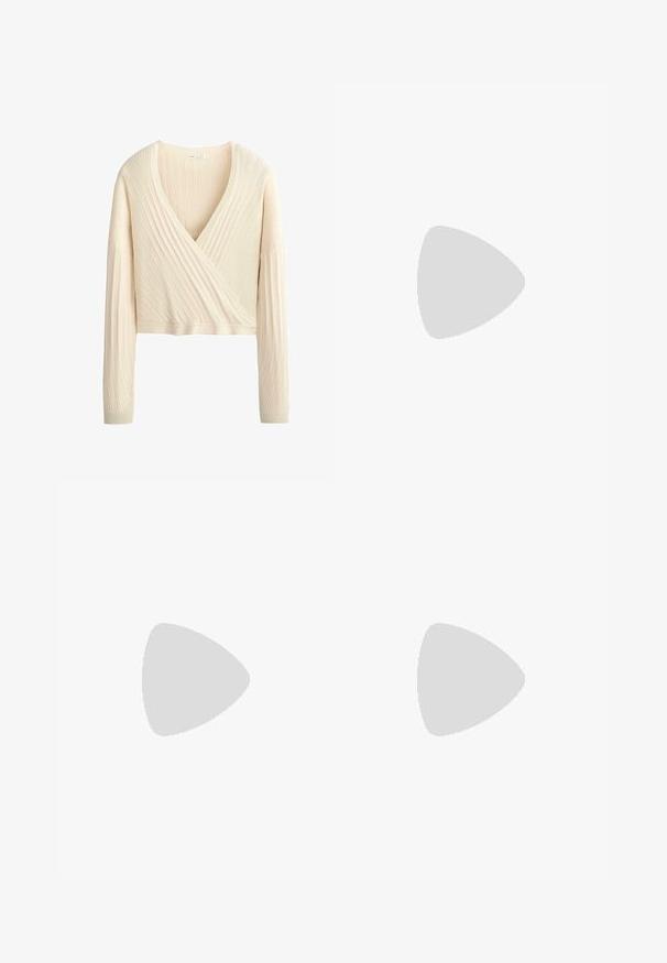 Pull court à manches longues en maille côtelée couleur crème, style cache-cœur avec un décolleté profond en V et une texture douce.; Camisole rose clair avec des bretelles fines, fabriquée en tissu doux. Présente un décolleté en V et un ourlet festonné en bas.; Jupe en tulle blanche avec une taille ajustée, doublure intérieure à mi-mollet et tissu extérieur transparent superposé. Texture douce et design fluide.; Ballerine beige en cuir souple avec bout arrondi, profil latéral bas et semelle fine en caoutchouc sur fond blanc uni.