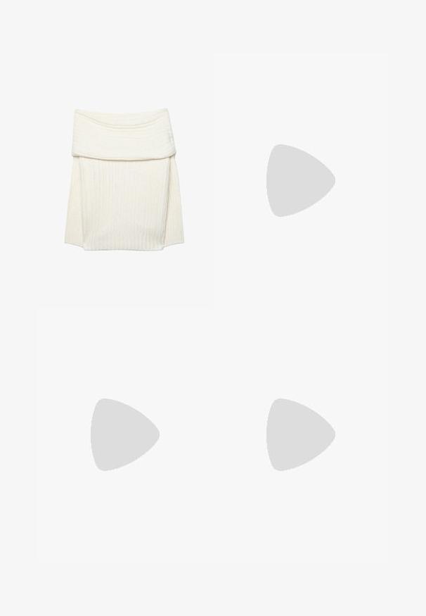 Jupe crème en tricot côtelé avec une large ceinture rabattable, présentant une texture douce et une légère élasticité pour le confort.; Pantalon blanc taille haute à jambes larges, avec plis à l'avant, passants pour ceinture et fermeture par bouton noir à la taille.; Mule en cuir verni marron foncé, à bout ouvert, avec une large bride et un talon haut fin sur fond blanc.; Sac hobo en daim couleur camel avec un corps large et arrondi et une seule anse plate, présenté sur fond blanc uni.