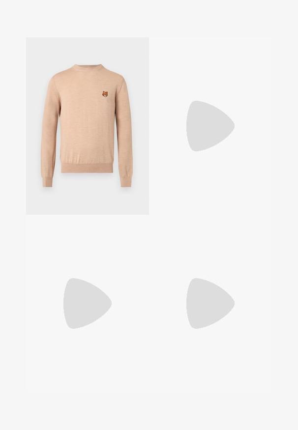Pull beige à manches longues avec col rond, poignets et ourlet côtelés, arborant un petit emblème de tête de renard orange sur le côté gauche de la poitrine.; Chemise bleu marine à manches longues avec boutons, motif abstrait multicolore de coups de pinceau et col classique pointu.; Pantalon beige à coupe décontractée avec plis, fermeture par bouton et passants pour ceinture. Confectionné en tissu léger, avec une texture lisse et des jambes droites.; Baskets en cuir noir avec une texture lisse, bout rond et fermeture à lacets. Comprend une semelle en caoutchouc épaisse et un minimum de détails de marque.