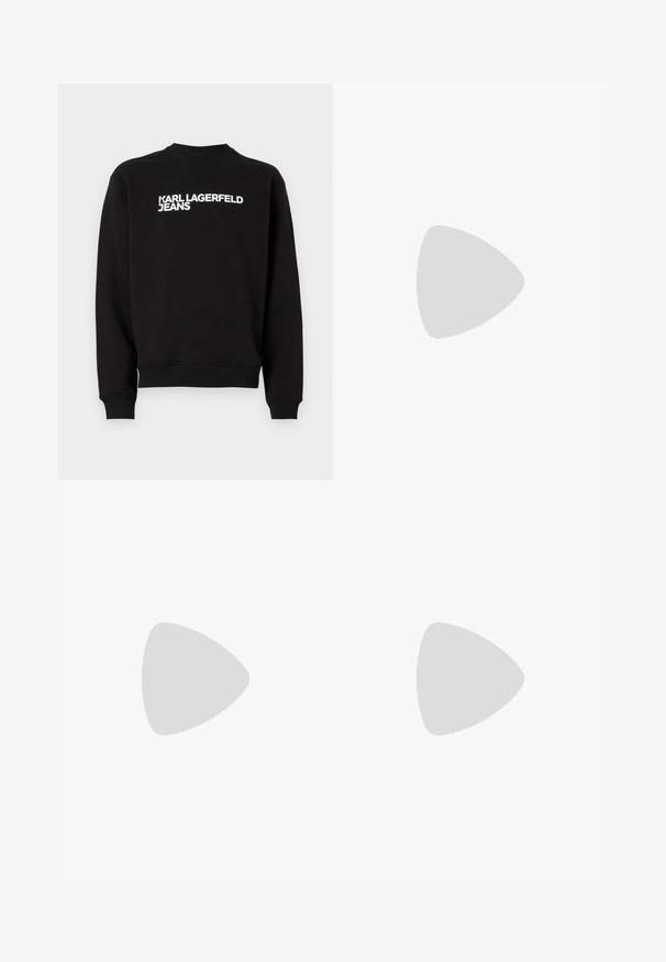 Sweatshirt noir avec un col rond et des poignets en côte. Présente le texte blanc "KARL LAGERFELD JEANS" sur le devant. Matière douce.; Jean en denim bleu avec une coupe droite, présentant une finition délavée, des distresses légères au niveau des genoux et un design classique à cinq poches.; Baskets basses en cuir blanc avec lacets, languette de talon noire et logo « BOSS », flottant à l'intérieur près d'un mur en blocs de verre et d'un sol poli.; Lunettes de soleil rectangulaires noires avec une monture épaisse et des verres foncés, présentées légèrement inclinées sur un fond blanc.