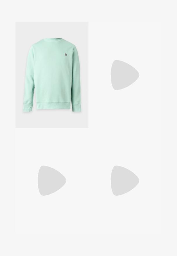 Sweat-shirt vert clair à manches longues avec encolure ronde et petit logo zèbre brodé sur la poitrine gauche.; T-shirt en coton vert à manches courtes, col rond et texture lisse. Design simple sans motifs ni embellissements.; Jean en denim bleu clair à jambes larges avec poches avant, passants de ceinture et fermeture par bouton sur un fond uni.; Basket basse en cuir gris foncé avec lacets et semelle noirs, design minimaliste, profil latéral sur un fond clair uni.