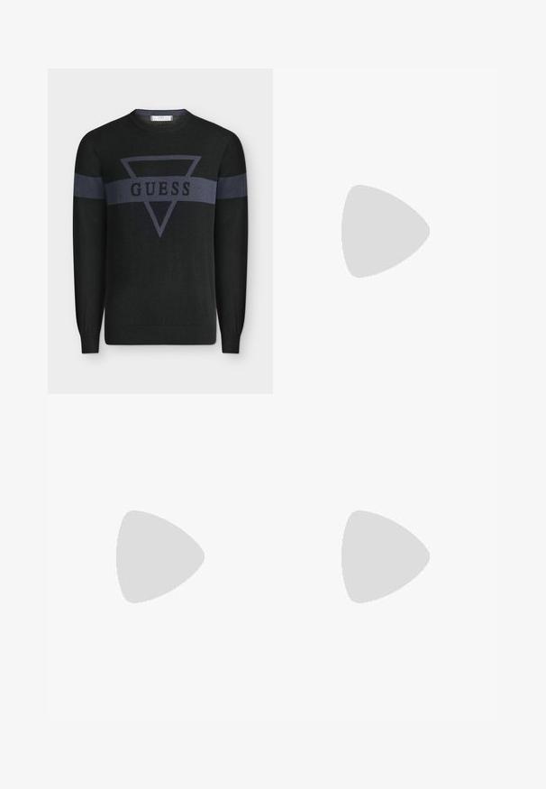 Pull noir à manches longues avec une bande horizontale gris foncé et un triangle inversé portant le mot "GUESS" sur la poitrine et les manches.; Pantalons noirs en coton avec une coupe droite, dotés d'une fermeture à bouton à l'avant et de poches latérales. Texture lisse, sans motifs.; Chaussure habillée en cuir noir à lacets, semelle épaisse et languette de traction au talon, montrée de profil sur un fond neutre.; Sac banane en cuir noir Calvin Klein avec fermeture éclair argentée et sangle réglable, logo minimaliste au centre devant.