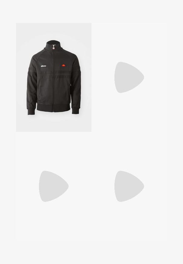 Sort zip-up sportsjakke med høj krave, ribbede manchetter og små ellesse-logoer på brystet og lynlåsen.; Sort Kappa t-shirt med korte ærmer og oval "Racing Club"-logo på øverste venstre bryst samt rund halsudskæring.; Sorte joggingbukser med elastik i taljen og elastiske manchetter, lige pasform og uden synlige udsmykninger, vist mod en lys baggrund.; Sorte og grå sportssko med mesh og ruskind på overdelen, der har en hvid mellemsål, snørebånd og et iøjnefaldende "N" logo på siden.