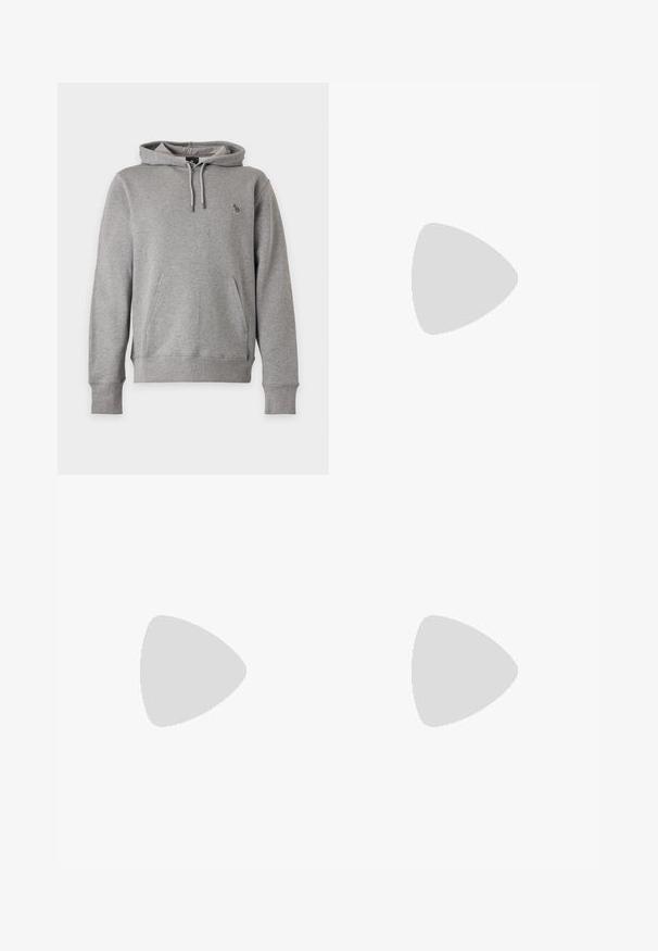 Sweat à capuche gris clair avec poche avant, capuche à cordon, poignets côtelés et petit logo d’animal multicolore sur la poitrine.; Pantalons de jogging noirs avec une coupe décontractée, présentant des motifs de couture tourbillonnants complexes sur les côtés et une ceinture élastique avec cordon de serrage.; Baskets en cuir noir avec une surface texturée, design à lacets, tige basse, et une semelle en caoutchouc grise avec un bord strié.; Sac banane en tissu marron foncé avec poche zippée en diagonale et petit logo blanc sur le devant, sur un fond clair uni.