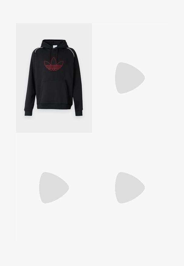 Sort hættetrøje med en forlommekanguru, der har et tre-bladet logo med rød omrids og hvide accentsømme på skuldrene.; Hvid ribbet tanktop med rund halsudskæring, sort Adidas-logo på venstre bryst og uden ærmer. Blødt bommateriale, afslappet pasform.; Sorte cargobukser med sidelommer og mønstrede stofpaneler langs ydersiden af benene, med knaplukning og bæltestropper.; Lyseblå Adidas Spezial sneakers med marineblå striber og gummisål, vist i luften over betontrapper i et neutralt udendørsmiljø.