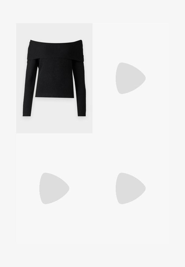 ONLY ONLMELTON LIFE OFF SHOULDER - Pullover - black; Jean en denim droit taille haute bleu clair avec poches avant, passants de ceinture et fermeture éclair et bouton visibles.; Chaussure slingback en cuir verni noir avec bout pointu et petit talon bloc incliné sur fond clair uni.; Sac d'épaule rectangulaire noir avec une sangle réglable unique et une fermeture éclair supérieure sur un fond uni.
