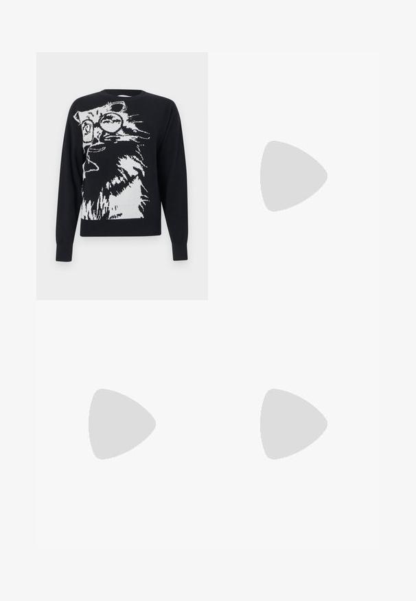 Pull noir avec un grand motif blanc représentant un chat portant des lunettes rondes, tourné vers la gauche, à l'avant.; Jeans en denim large de couleur bleu foncé avec des coutures visibles, des poches avant et une fermeture à bouton. Fabriqué en tissu denim résistant.; Bottine en cuir noir à bout pointu, avec des accents en boucle argentée et deux sangles avec œillets. Talon bas pour une meilleure stabilité.; Sac bandoulière en cuir noir avec sangle réglable et petite pochette assortie zippée, toutes deux ornées d'un discret logo Coach doré.