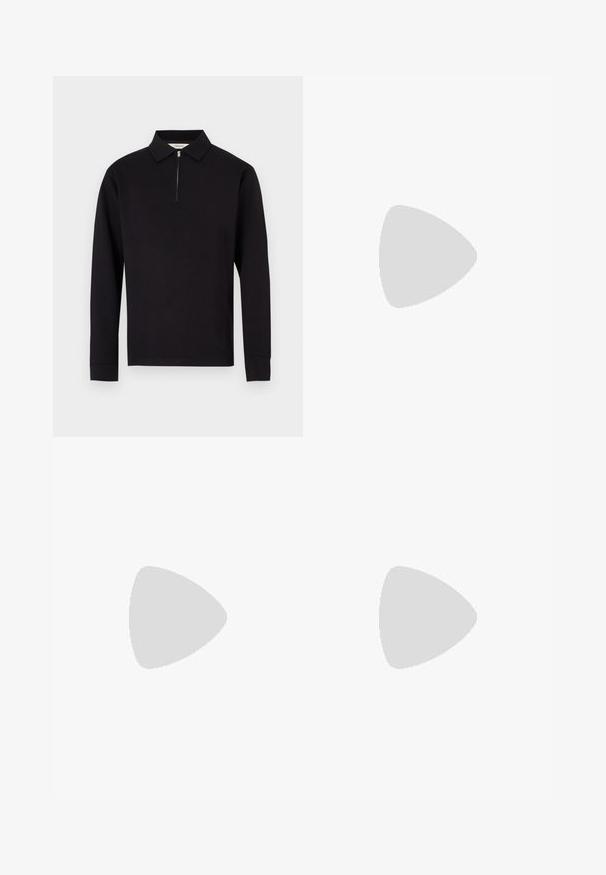 Polo noir à manches longues avec un col zippé, fabriqué en tissu lisse, avec un col classique et des poignets côtelés.; Pantalon noir sur mesure avec une coupe droite, deux plis à l'avant et une taille boutonnée. Confectionné dans un tissu lisse sans motifs visibles.; Mocassins en cuir noir avec un bout arrondi, des coutures ton sur ton et un détail de sangle à l'avant. Semelle en caoutchouc avec un petit talon.; Ceinture en cuir noir avec une boucle en métal argenté, présentant un design classique et une texture lisse. Comprend des trous pour un ajustement flexible.