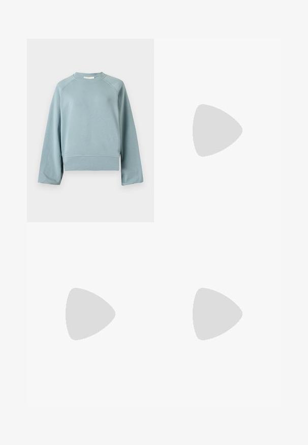 Sweat-shirt bleu clair à col rond avec manches raglan longues, ourlet et poignets côtelés, présenté sur un fond blanc uni.; T-shirt gris à manches courtes côtelées avec un col rond. Confectionné dans un tissu doux à la texture lisse, avec un branding minimal sur le côté.; Jean en denim bleu clair taille haute avec fermeture par bouton et zip, poches avant et jambes larges légèrement évasées.; Ballerines en cuir noir avec un bout rond, texture lisse, détails de couture minimalistes et design de semelle flexible.
