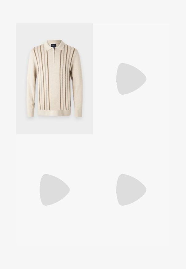 Pull en tricot zippé beige avec des rayures verticales marron, un col et des manches longues. Texture douce avec une coupe décontractée.; Chemise en denim bleu foncé boutonnée, manches longues, une poche avant à gauche et un col boutonné, présentée sur fond blanc.; Pantalon beige en coton à jambes droites, avec bouton sur le devant, fermeture éclair, passants pour ceinture, et design à cinq poches, présenté sur un fond blanc.; Baskets blanches avec des accents noirs et gris, présentant un embout texturé gris, une semelle en caoutchouc noir et des lacets plats blancs. Design épuré, style minimaliste.