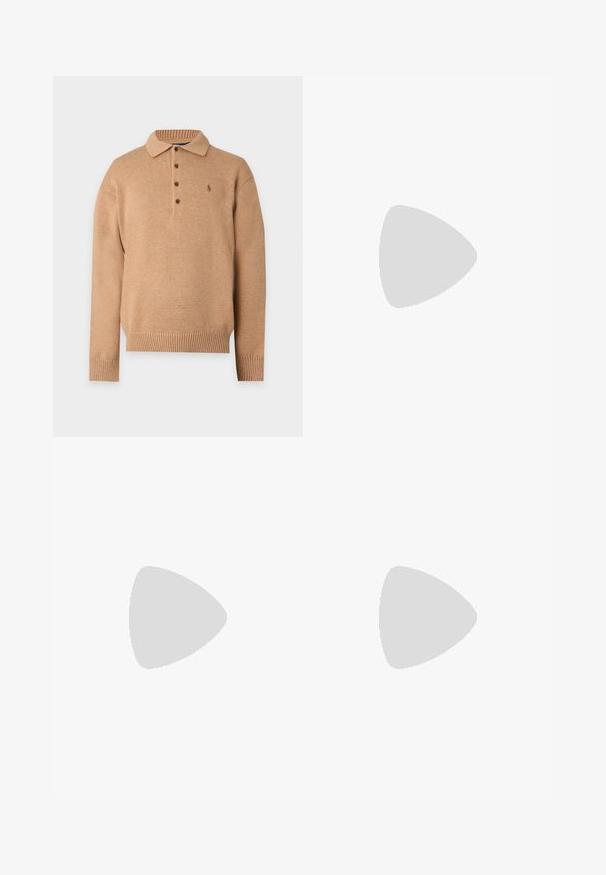 Pull en maille marron camel à manches longues avec col et patte de boutonnage à quatre boutons, poignets et bas côtelés, et petit logo brodé sur la poitrine.; Chemise noire à manches courtes avec col à encoche et poche poitrine ornée d'un petit logo rouge brodé.; Pantalon beige à jambes droites avec passants de ceinture et braguette zippée à l'avant, posé à plat sur un fond blanc.; Baskets en daim vert olive avec semelle en caoutchouc marron, languette de talon blanche, devant à lacets et logo joueur de polo Ralph Lauren blanc sur le côté.