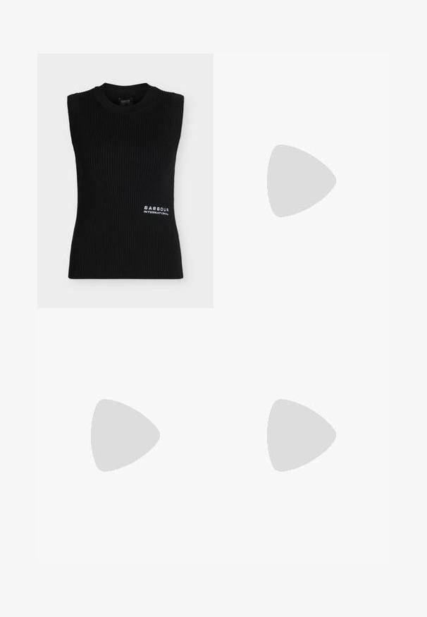 Top noir en maille côtelée sans manches avec encolure ronde et petit logo blanc "Barbour International" en bas à droite à l'avant.; Chemise blanche à manches longues avec col, poche avant, et étiquette noire "DKNY JEANS" sur la poche et les manches.; Pantalon crème taille haute à jambes larges, avec passants de ceinture, fermeture à bouton unique et zip, présenté à plat sur un fond uni.; Bateau en cuir noir avec un bout arrondi, des détails de couture, un petit accent en nœud et une semelle en caoutchouc. Texture lisse et design épuré.