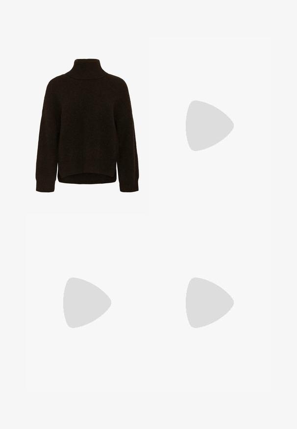 Pull à col roulé en maille marron foncé avec manches longues, poignets côtelés et ourlet légèrement courbé, plus long à l'arrière.; Jupe évasée marron en tissu doux avec une texture lisse. Elle possède une taille ajustée et un design à hauteur du genou, sans motifs visibles.; Botte haute en cuir marron foncé avec un talon bloc bas et un bout arrondi, vue de côté sur un fond blanc uni.; Sac à main en cuir verni marron de forme rectangulaire, avec deux longues poignées et des accents courbés subtils à l'avant.