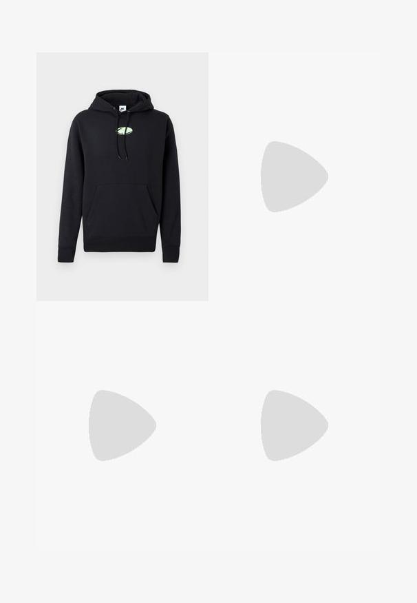 Sort Nike hættetrøje med frontlomme, snoretræk i hætten og lille lysegrøn oval logo centreret på brystet.; Hvid bomulds T-shirt med korte ærmer. Har en sort "Nike Official"-logo og en sort swoosh på venstre brystside.; Lysegrønne sweatpants med brede ben, elastisk talje, Nike-logo på venstre lår og justerbare snore ved benenderne.; Sorte løbesko med en glat syntetisk overdel, perforerede detaljer, teksturerede sidedele og en distinkt fjedrende sål.