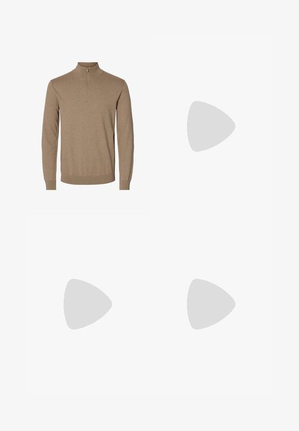 Pull en maille marron à manches longues avec un col montant et une courte fermeture éclair à l'avant, poignets et ourlet côtelés.; Chemise bleu marine à manches longues, boutonnée, en tissu lisse, avec un col classique, des boutons sur le devant et un ourlet arrondi.; Pantalons noirs en tissu lisse, avec un devant plissé, une coupe fuselée et des ourlets roulés. Fermeture par bouton simple à la taille.; Baskets basses blanches avec semelle épaisse, laçage à l’avant, détails perforés et col rembourré sur un fond gris clair uni.