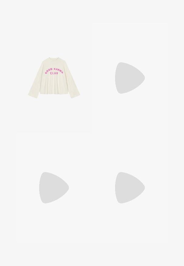 Pull oversized couleur crème avec des manches larges. Présente le texte "GOOD KARMA CLUB" en lettres fuchsia en gras sur la poitrine.; Mini-jupe en coton blanc avec un motif floral jaune subtil, présentant une coupe droite et une texture lisse. Aucun élément métallique ou accent visible.; Ballerine en daim rose clair avec un bout arrondi et un design minimaliste. Semelle plate et texture lisse, sans quincaillerie apparente ni accents.; Petit sac pochette métallique argenté avec un design arrondi et froncé, fermeture à clip avec deux boules argentées.