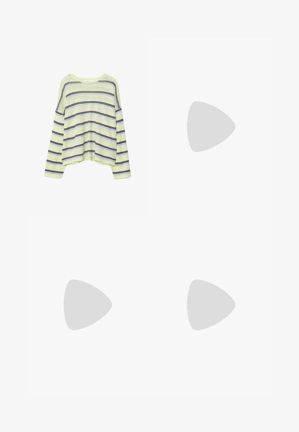 Chemise jaune clair à manches longues avec rayures horizontales noires et bleu clair, col rond et coupe décontractée.; Haut sans manches gris clair à col halter avec un nœud au niveau du cou, posé à plat sur un fond blanc.; Jean en denim bleu clair à coupe large, taille haute, fermeture à bouton et fermeture éclair à l'avant, avec un design à cinq poches.; Botte mi-mollet en daim marron clair avec semelle épaisse et coutures visibles, vue de côté extérieur sur un fond uni.