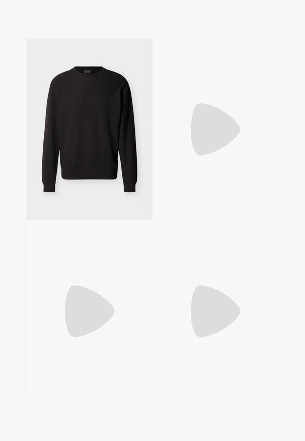Sweat-shirt noir à manches longues avec col ras du cou, poignets et ourlet côtelés, présentant un tissu subtilement texturé et un petit détail en V cousu sous le col.; Pantalon en velours côtelé marron foncé avec une texture douce, doté d'une taille à cordon avec des pompons et d'une coupe droite. Motif côtelé vertical.; Chaussure noire en cuir à enfiler avec un design mocassin, embout arrondi, semelle en caoutchouc épaisse et subtil détail de couture sur la partie supérieure.; Sac bandoulière en cuir marron foncé avec fermeture à rabat et sangle en tissu réglable sur fond blanc.