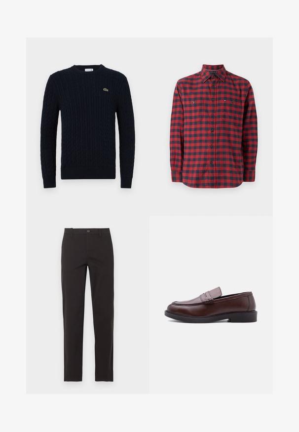 Pull en maille bleu marine avec un motif en relief, col rond, poignets et ourlet côtelés, et un petit logo crocodile vert sur la poitrine.; Chemise à carreaux rouge et marine, à manches longues, en flanelle, avec deux poches sur la poitrine et un col pointu.; Pantalon noir slim avec fermeture par bouton et fermeture éclair, passants de ceinture et jambes droites, présenté sur un fond clair uni.; Mocassin en cuir marron avec semelle noire et détails surpiqués, présenté en profil latéral sur fond blanc.
