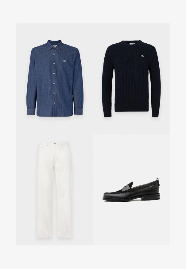 Pull en maille bleu marine avec un motif en relief, col rond, poignets et ourlet côtelés, et un petit logo crocodile vert sur la poitrine.; Chemise en denim bleu foncé à manches longues, dotée d'un col boutonné, de boutons à l'avant et d'un petit logo vert sur la poitrine.; Jean en denim blanc coupe droite avec poches avant, passants pour ceinture et fermeture par bouton à la taille, présenté sur un fond uni.; Mocassin en cuir noir avec détail de bride grise, talon bas et semelle texturée, marqué "HUGO" en or sur le côté.
