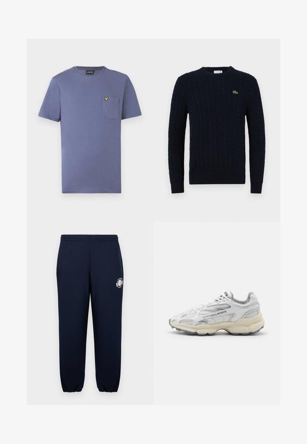 Pull en maille bleu marine avec un motif en relief, col rond, poignets et ourlet côtelés, et un petit logo crocodile vert sur la poitrine.; T-shirt en coton violet à manches courtes, col rond, avec une poche poitrine ornée d'un logo brodé jaune.; Pantalon de survêtement bleu marine en coton doux avec des poignets et une ceinture élastiques. Arborant un logo blanc Lacoste Paris sur la jambe gauche.; Baskets de sport blanches avec des accents gris, tige en maille et synthétique, design à lacets et semelle en caoutchouc texturée avec motifs de traction.