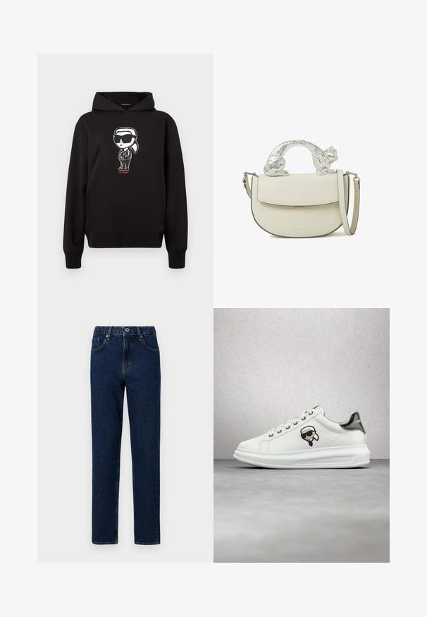 Sort hættetrøje med et grafisk motiv af en tegneseriefigur i hvid, iført solbriller og jakkesæt, med teksten "KARL LAGERFELD" i rød nedenfor.; Mørkeblå denim jeans med lige ben, der har en talje med en elastisk sektion, forlommer og minimale syninger.; Hvide Karl Lagerfeld sneakers med snørebånd foran, sort og beige logo lap, og metallisk sølv hælflap, svævende over et gråt gulv.; Kremet læder crossbody-taske med klap og et sølvfarvet katteformet håndtag, der buer over toppen, med en justerbar skulderrem.