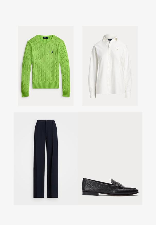 Suéter de punto de cable verde con cuello redondo, dobladillo y puños acanalados, con un pequeño logo bordado en el pecho izquierdo.; Camisa blanca de manga larga con botones, cuello y pequeño logo bordado en el pecho izquierdo.; Pantalones de pierna ancha en color marino con pliegues, cierre de botón y una textura de tela suave. Diseñados para un ajuste suelto y cómodo.; Mocasin de cuero negro con acabado texturizado, que cuenta con una correa decorativa y tacón plano. Diseño elegante y minimalista con punta redondeada.