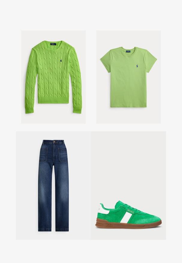 Suéter de punto de cable verde con cuello redondo, dobladillo y puños acanalados, con un pequeño logo bordado en el pecho izquierdo.; Camiseta de algodón verde con cuello redondo y mangas cortas. Presenta un pequeño logo azul en el lado izquierdo del pecho. Textura suave, ajuste informal.; Vaqueros de mezclilla de pierna recta, azul oscuro, de cintura alta, con bolsillos delanteros de parche, trabillas para cinturón y cierre de botón.; Zapatillas de ante verde con una franja horizontal blanca, suela de goma marrón y cordones tonales. Marca en el lateral y en la parte trasera.