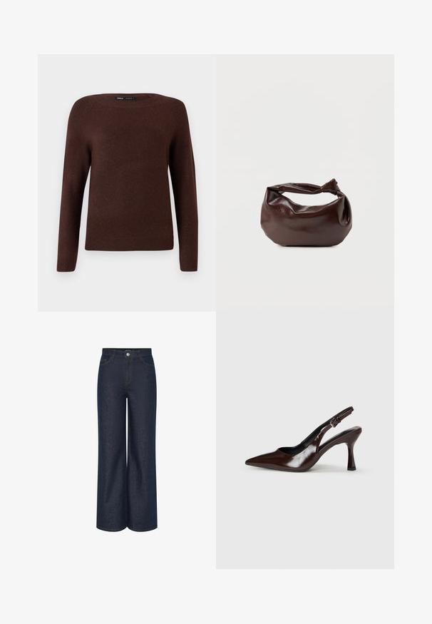 Suéter marrón de punto con cuello redondo, mangas largas y detalles acanalados en los puños y el dobladillo. Textura suave con mínimas embellishments.; Jeans de mezclilla oscura de pierna ancha con cintura alta, con detalles de costura visibles en dorado contrastante y bolsillos delanteros y traseros. Diseño clásico de cinco bolsillos.; Zapatos de tacón slingback de charol marrón con punta afilada, tacón delgado y correa ajustable con una pequeña hebilla.; Bolso de hombro de cuero marrón oscuro con una forma suave y caída, y un asa con nudo torcido sobre un fondo blanco liso.