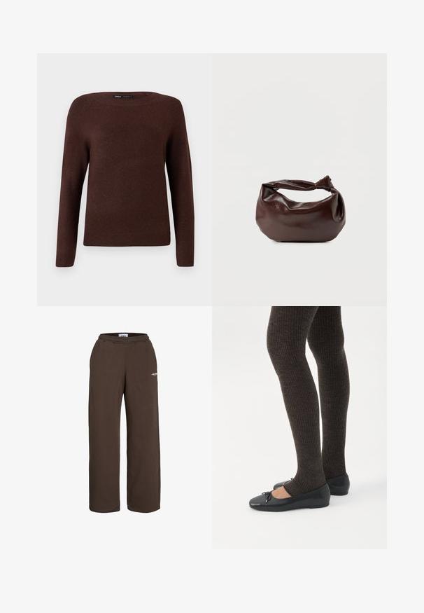 Bruine gebreide trui met een ronde hals, lange mouwen en ribbelstructuur bij de manchetten en zoom. Zachte textuur met minimale versieringen.; Bruine sweatpants met wijde pijpen, elastische tailleband en een klein wit tekstlogo op het bovenbeen, tegen een witte achtergrond.; Benen met donkere geribbelde leggings gecombineerd met zwarte ballerina's met kleine strikdetails op een witte achtergrond.; Donkerbruine leren schoudertas met een zachte, slungelige vorm en een gedraaide knoopvormige handgreep op een effen witte achtergrond.