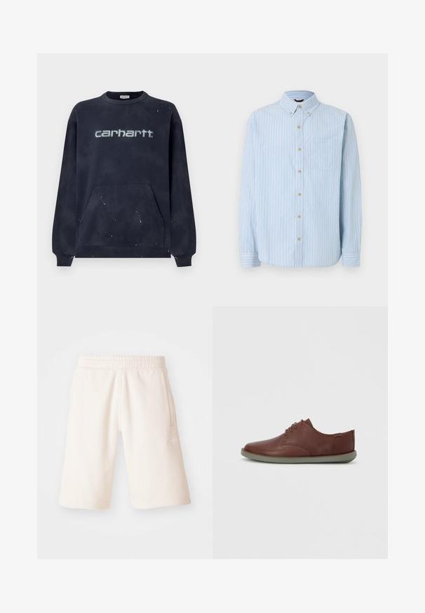 Dunkelblaues Sweatshirt mit einer Fronttasche, gerippten Bündchen und einem verblassten weißen Logo; Stoff zeigt ein gesprenkeltes Muster.; Hellblaues langärmliges Hemd mit weißen, blauen und beigefarbenen vertikalen Streifen, geknöpftem Kragen, Brusttasche und beigefarbenen Knöpfen.; Cremfarbene Baumwollshorts mit einem elastischen Bund, seitlichen Taschen und einem dezenten Logo am linken Bein. Glatte Textur und knielanges Design.; Braune Lederschuhe mit glatter Oberfläche, rundem Zehenbereich und flacher grauer Gummisohle; mit minimalistischem Schnürdesign.