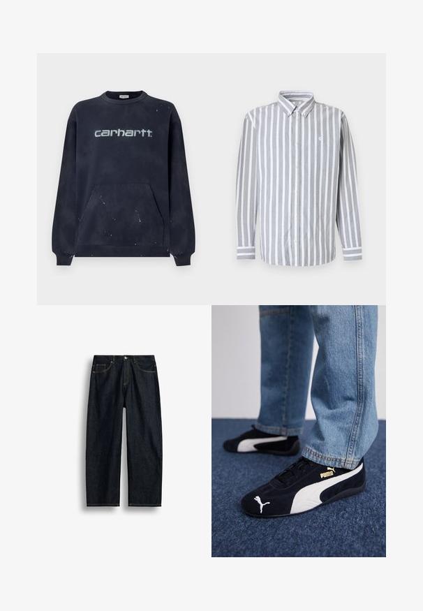 Dunkelblaues Sweatshirt mit einer Fronttasche, gerippten Bündchen und einem verblassten weißen Logo; Stoff zeigt ein gesprenkeltes Muster.; Herrenhemd zum Knöpfen mit grauen und weißen vertikalen Streifen, langen Ärmeln und einem kleinen Logo auf der Brust. Baumwollstoff, klassischer Kragen.; Dunkelblaue Jeans mit geradem Bein, gelben Nähten, vorderen Taschen und Knopfverschluss in der Taille.; Schwarze Wildledersneaker mit weißen Akzenten und einem goldenen Logo. Getragen mit hellblauen Jeans und auf einer strukturierten blauen Oberfläche platziert.