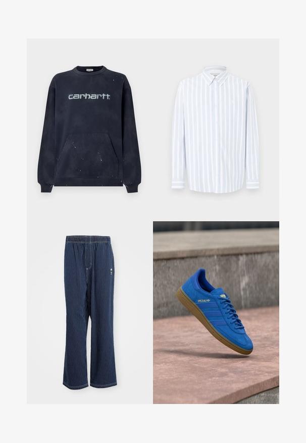 Mørkeblå sweatshirt med en frontlomme, ribbede manchetter og en falmet hvid logo; stoffet har et plettet mønster.; Lyseblå og hvidstribet skjorte med lange ærmer, knappet krave, bomuldsstof, har et lille logo på brystet, lige snit.; Navy stribede bukser med lyseblå lodrette striber, elastisk talje, bred benudskæring og et lille logo på siden. Stoffet har en glat tekstur.; Blå Adidas Spezial sneaker med gummisål, snørebånd bundet, hængende over en glat stens overflade nær en grå betonvæg.