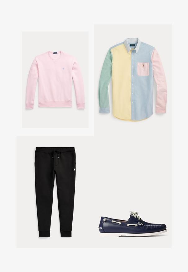 Lichtroze sweatshirt van katoen, met lange mouwen, een ronde hals en een klein blauw geborduurd logo op de borst.; Overhemd met lange mouwen en knopen in color-block ontwerp in pastelgeel, groen, blauw en roze, met een gestreepte kraag en borstzak met logo.; Zwarte joggerbroek met omgeslagen enkels, taille met trekkoord, zijzakken en klein wit polo-spelerlogo op de rechterdij.; Marineblauwe leren boot schoen met witte veters en stiksels, voorzien van een witte rubberen zool en metalen veteroogjes op een lichte achtergrond.