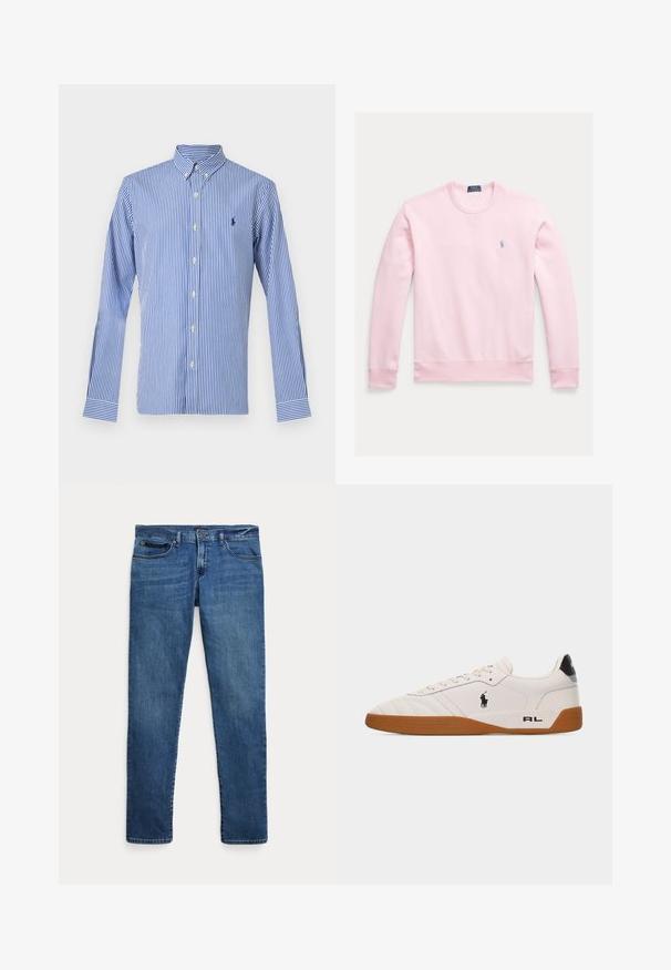 Lyserød sweatshirt lavet af bomuld, med lange ærmer, rund hals og et lille blåt, broderet logo på brystet.; Blå og hvide, lodrette stribede, langærmede skjorte med knapper og knappet krave samt en lille marineblå broderet logo på venstre bryst.; Blå denimjeans med slim fit, der har forlommer, bæltestropper og lukning med knap på hvid baggrund.; Hvid lav sneakers med brun gummisål, sort Polo Ralph Lauren-logo på siden og "RL" tekst på hælområdet.