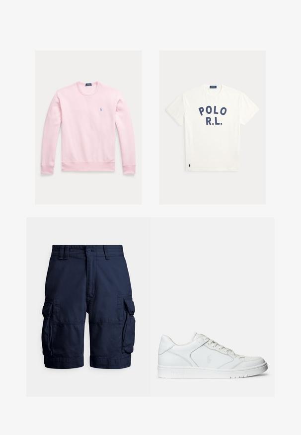 Lichtroze sweatshirt van katoen, met lange mouwen, een ronde hals en een klein blauw geborduurd logo op de borst.; Witte T-shirt met ronde hals met marineblauwe letters "POLO R.L." over de borst en een klein marineblauw polo speler logo bij de onderzoom.; Marineblauwe cargoshorts van duurzaam stof, met zijzakken, een knoopsluiting en gestikte details voor textuur.; Witte leren sneaker met een gladde textuur, voorzien van een geperforeerde neus, vetersluiting en geborduurde logo aan de zijkant. Witte rubberen zool.