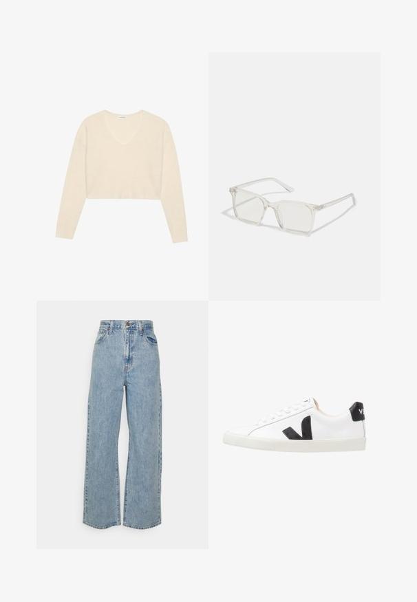 Forkortet v-hals sweater i creme, lavet af blødt, ribbet materiale. Har lange ærmer med tætsiddende manchetter. Simpelt og strømlinet design.; Lyseblå vidde denimjeans med høj talje, frontknap, lynlås og femlomme-design på ensfarvet baggrund.; Hvide sneakers med et sort V-logo, der har en glat læderoverdel, rund tå, snørrelukning og en kontrasterende sort hælflap.; Klare plastiske briller med firkantet ramme og gennemsigtige linser, der har guld accenter på tempelstængerne for ekstra detaljer.