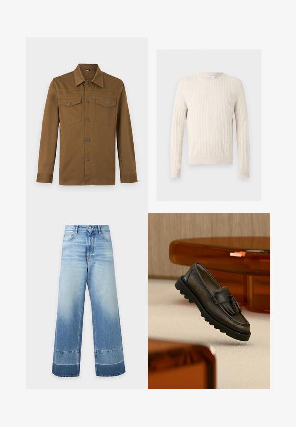 Pull torsadé couleur crème avec manches longues et col rond, présenté sur un fond clair uni.; Chemise marron à manches longues avec col pointu et deux poches poitrine boutonnées, présentée sur fond clair uni.; Jean en denim bleu clair à coupe large avec des détails délavés et des blocs de couleur plus foncés près de l'ourlet, bouton devant et poches visibles.; Mocassin en cuir brun foncé avec pampilles, semelle épaisse noire, exposé sur un tapis beige près d'un meuble translucide orange.