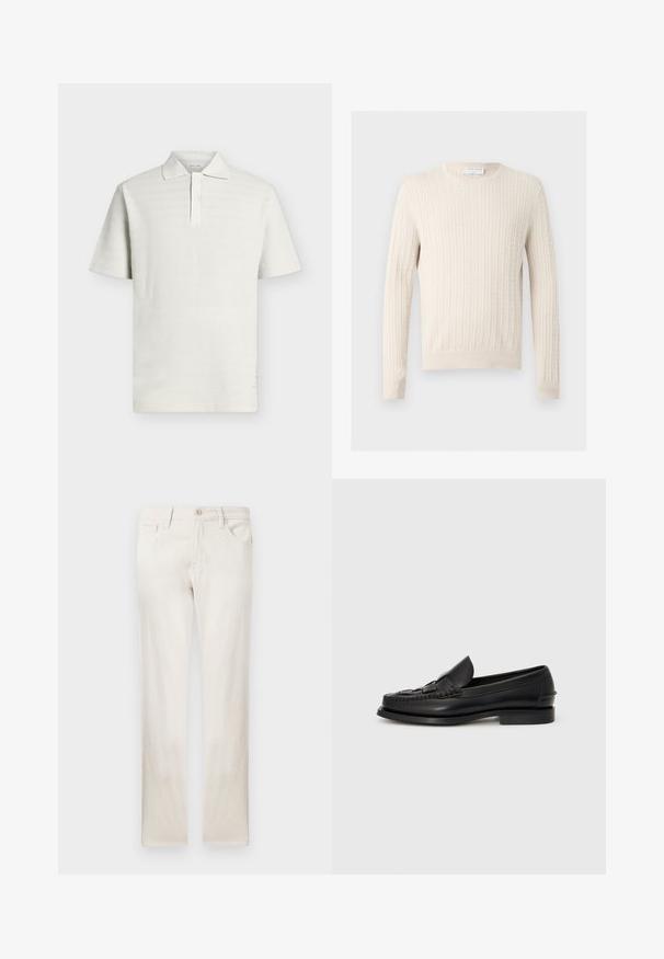 Pull torsadé couleur crème avec manches longues et col rond, présenté sur un fond clair uni.; Polo à manches courtes texturé écru avec patte à deux boutons et col classique sur fond uni.; Jean en denim beige clair à coupe droite, dotés de poches avant, d'une fermeture à bouton et d'une texture subtile. Tissu lisse sans motifs.; Mocassin en cuir noir avec un détail tissé à l'avant, bout arrondi et petit talon. Texture lisse et design minimaliste.
