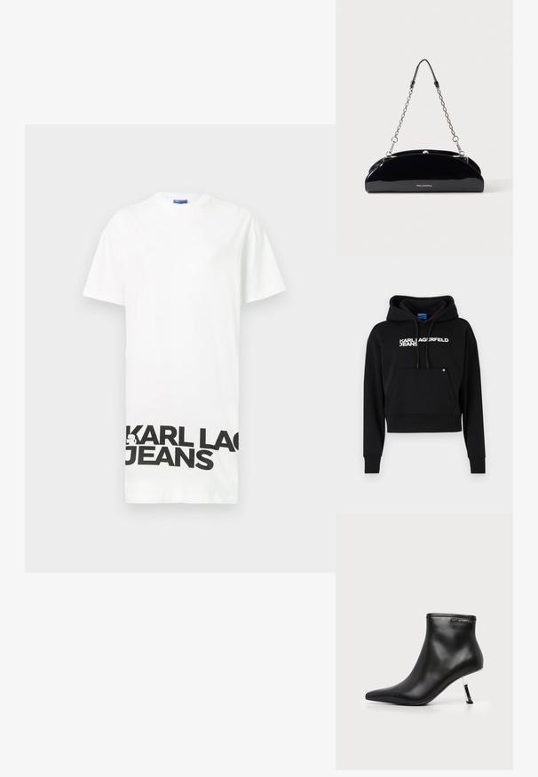 Μαύρο cropped hoodie φτιαγμένο από μαλακό ύφασμα, με μπροστινή τσέπη, κουκούλα με κορδόνι και λευκό λογότυπο "KARL LAGERFELD JEANS".; Λευκό κοντομάνικο μπλουζάκι από βαμβάκι, με έντονο μαύρο κείμενο "KARL LAGERFELD JEANS" στο κάτω μέρος. Στρογγυλή λαιμόκοψη, χαλαρή εφαρμογή.; Μαύρο δερμάτινο μποτάκι αστραγάλου με μυτερή μύτη και λαμπερό ασημί τακούνι στιλέτο σε λευκό φόντο.; Μαύρη γυαλιστερή τσάντα με αλυσίδα σε ασημί χρώμα και μικρό λογότυπο KARL LAGERFELD μπροστά, σε απλό φωτεινό φόντο.