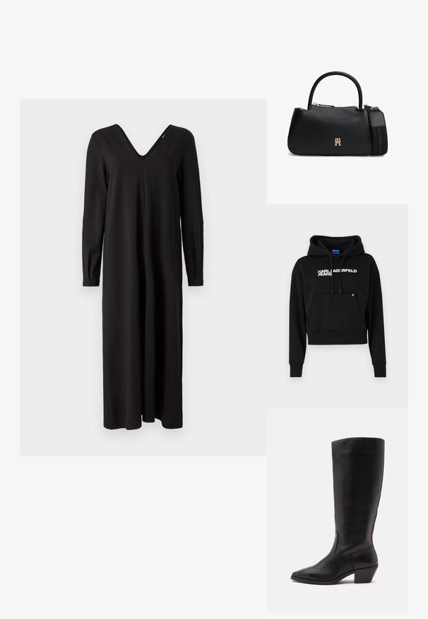 Hoodie noir court en tissu doux, doté d'une poche avant, d'une capuche avec cordon et d'un logo texte blanc "KARL LAGERFELD JEANS."; Robe noire à manches longues avec un décolleté en V, fabriquée dans un tissu doux et extensible, offrant une coupe ample et un ourlet droit.; Botte en cuir noire mi-mollet avec un bout pointu et un talon bas incliné sur un fond clair uni.; Sac à main en cuir noir avec poignée arrondie, logo en métal doré au centre, et bandoulière en tissu de marque détachable sur fond blanc.